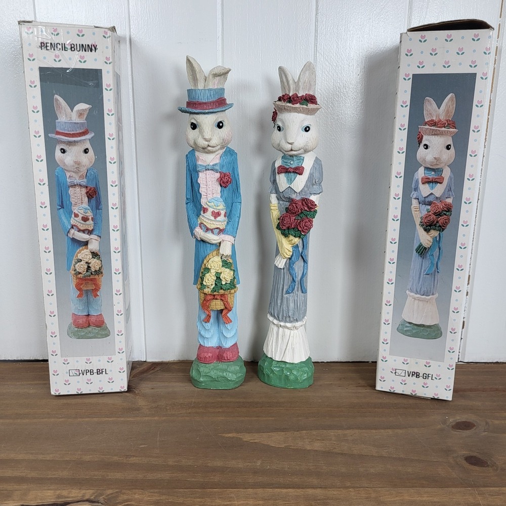 Set of 2 Resin  Figurines  12" Easter Country Pencil Bunny Rabbit Flower & Egg